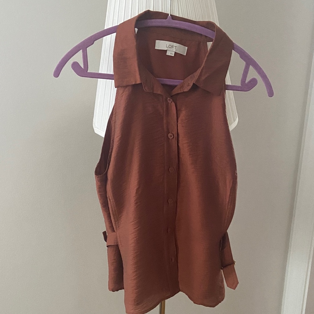 LOFT Rust Sleeveless Collared Button-Front Blouse
